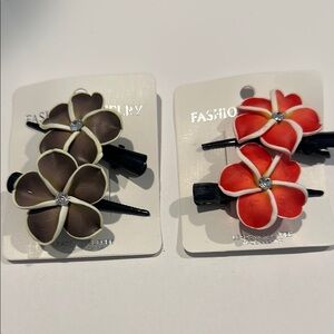 Floral Hair Clips Set - Brown and Red